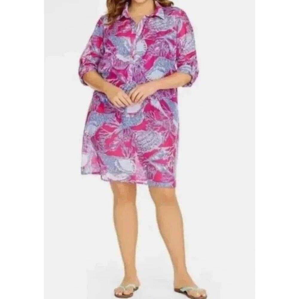 Talbots Tunic Blouse Womens Pink Seashell Dress Beach Print XL A005596
